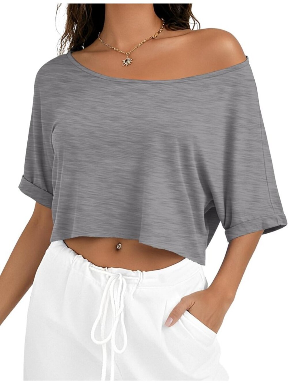 Women's Grey Short Sleeve Off The Shoulder Boat Neck Loose Pull On Crop Top